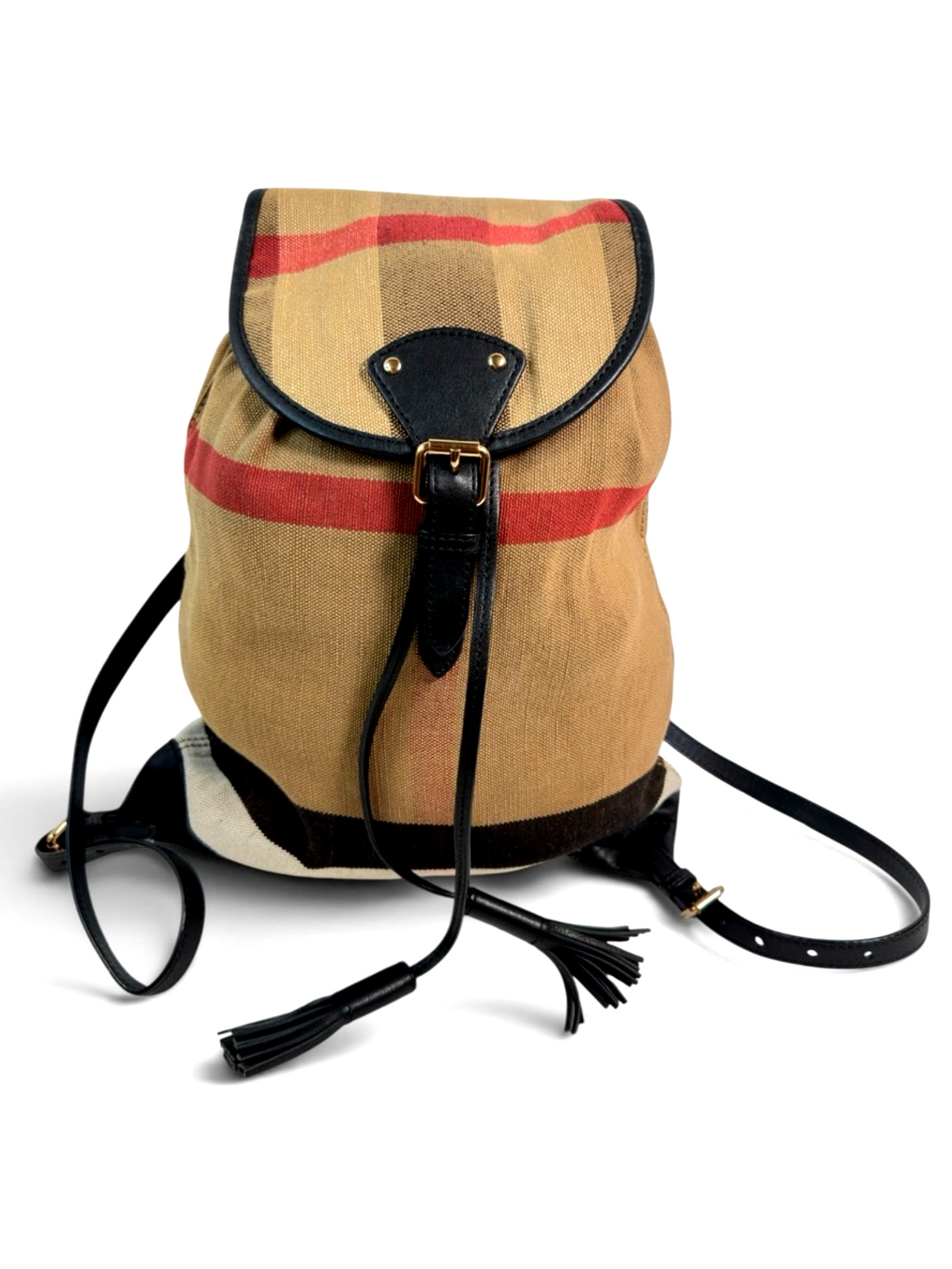 Burberry Vintage Nova Check Cloth Backpack With Black Leather Trim And Straps